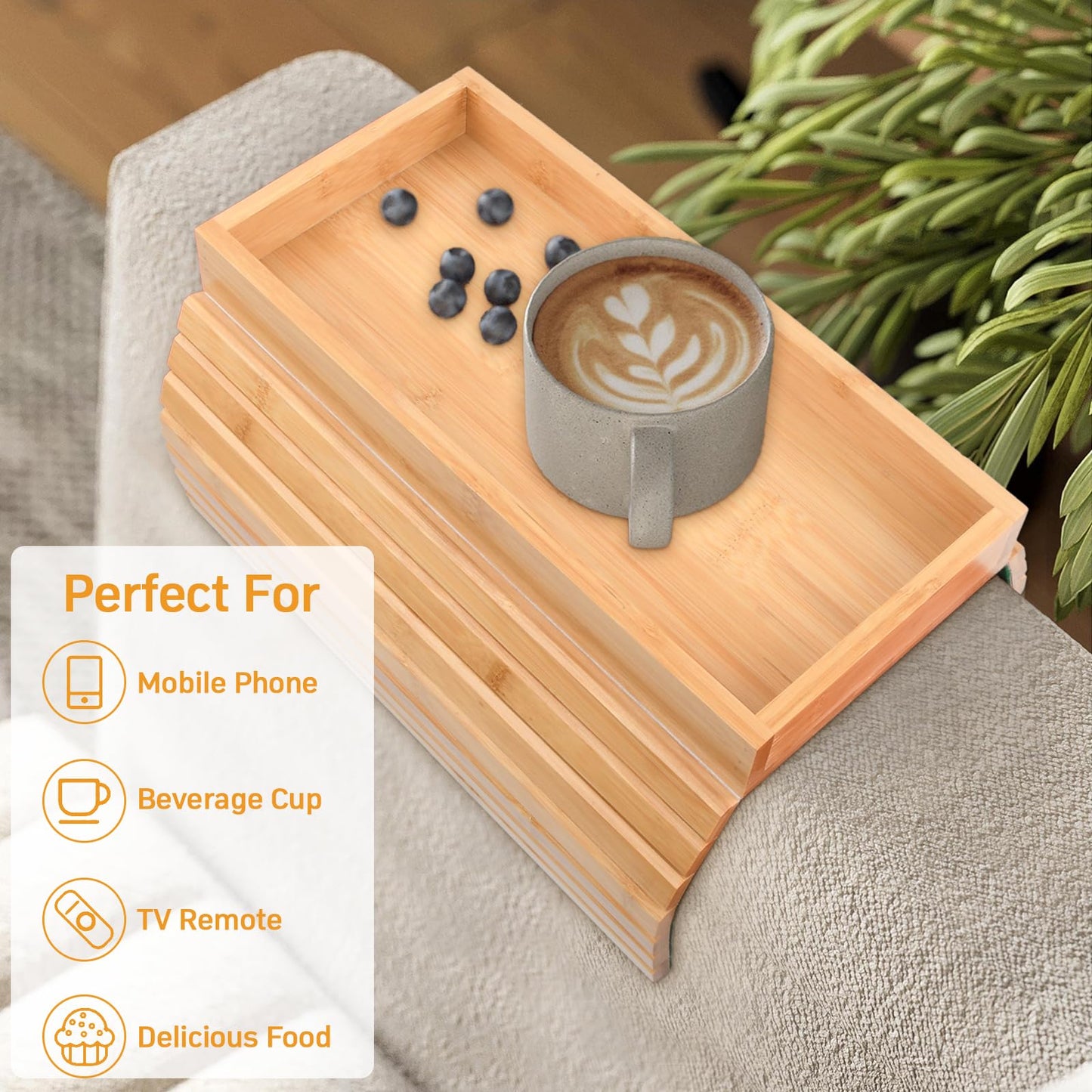 Pagezol Bamboo Sofa Arm Tray, Flexible Wooden Armrest Tray, Eco-Friendly, Anti-Slip, Foldable Couch Armrest for Drinks, Snacks, Remote Control