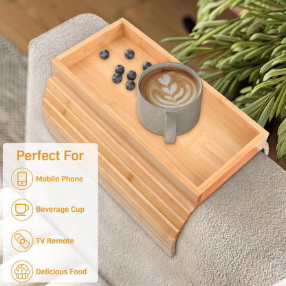 Pagezol Bamboo Sofa Arm Tray, Flexible Wooden Armrest Tray, Eco-Friendly, Anti-Slip, Foldable Couch Armrest for Drinks, Snacks, Remote Control