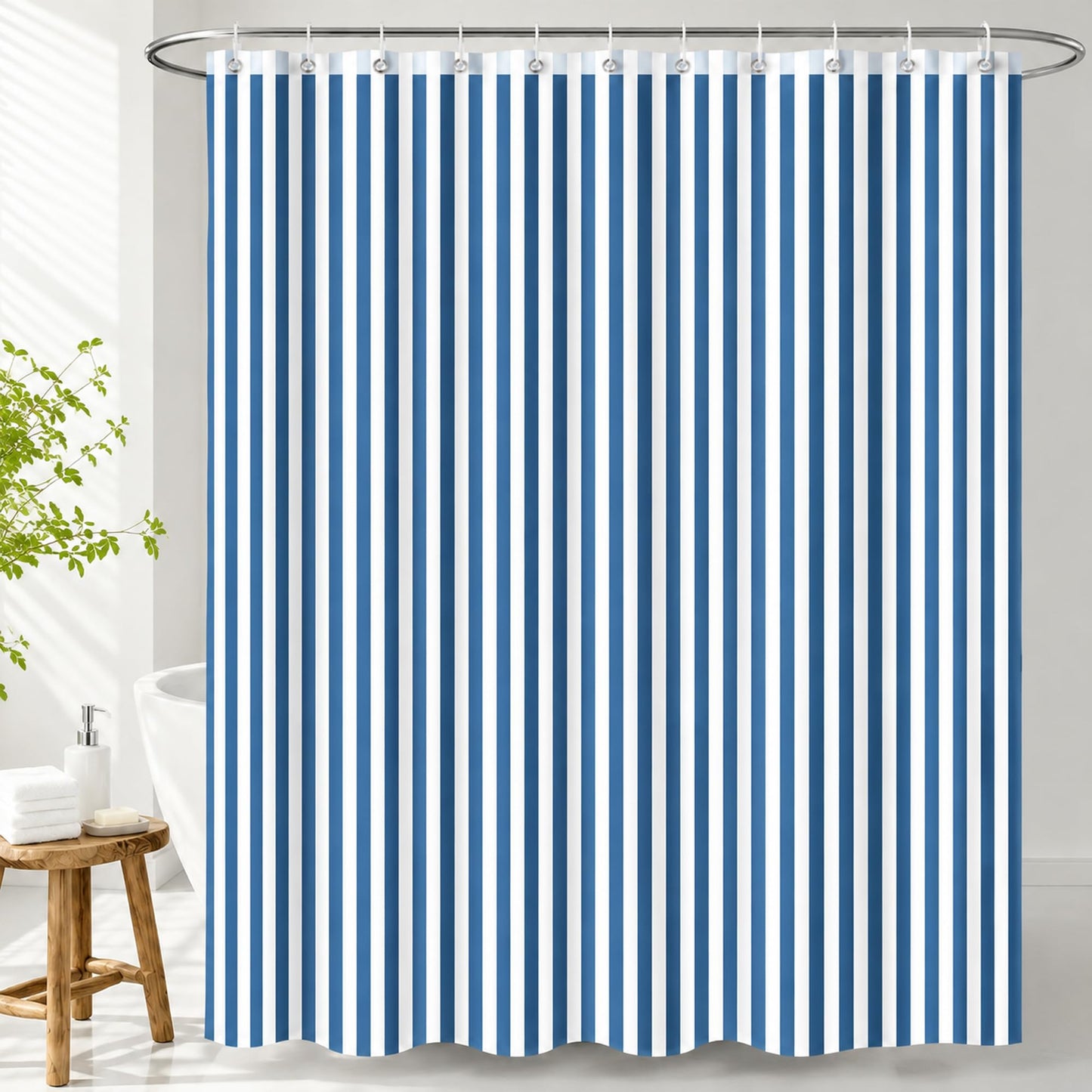 Hopomoon Blue and White Striped Shower Curtain,Vintage Blue Vertical Striped Geometric Waterproof Polyester Fabric Bath Curtain with 12 Hooks 72 x 72