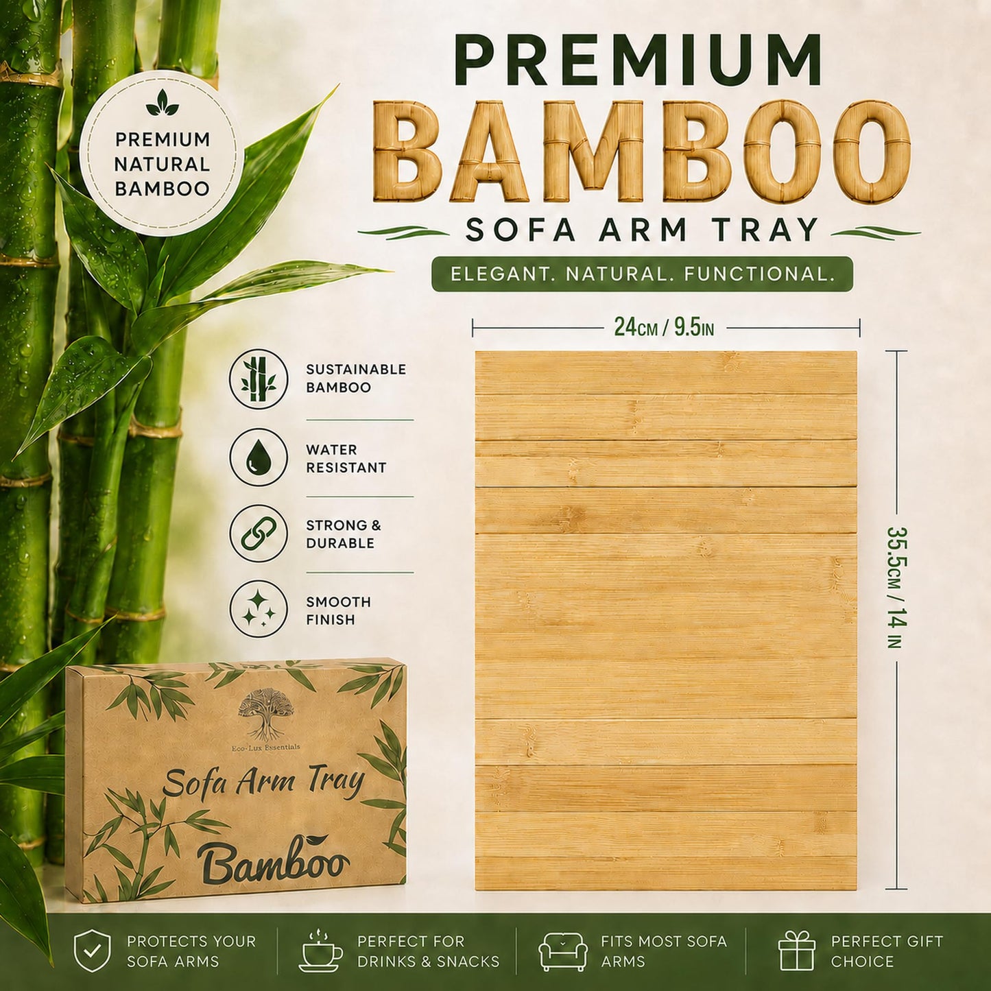 Bamboo Sofa Arm Tray Foldable Wooden Armrest Couch Organiser for Drinks, Bowl, Snack, Magazine, Remote