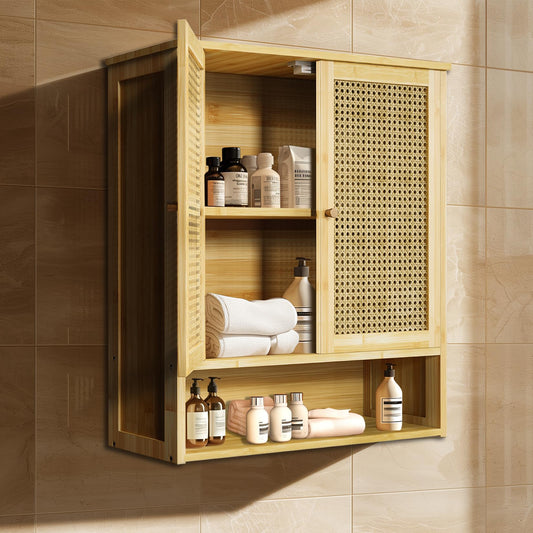 unho Bathroom Wall Cabinet: Wooden Storage Cupboard with 2 Rattan Doors and Open Shelf, Wall Mounted Medicine Cabinet Unit Kitchen Shelf for Laundry,
