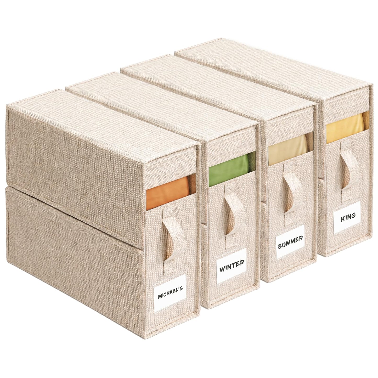 4 Pack Sheet Storage Box (King & Queen Size) with handle, Foldable Sheet Set Organizer for Closet, Sheet Organizer for Blanket, Coverlet and Towel