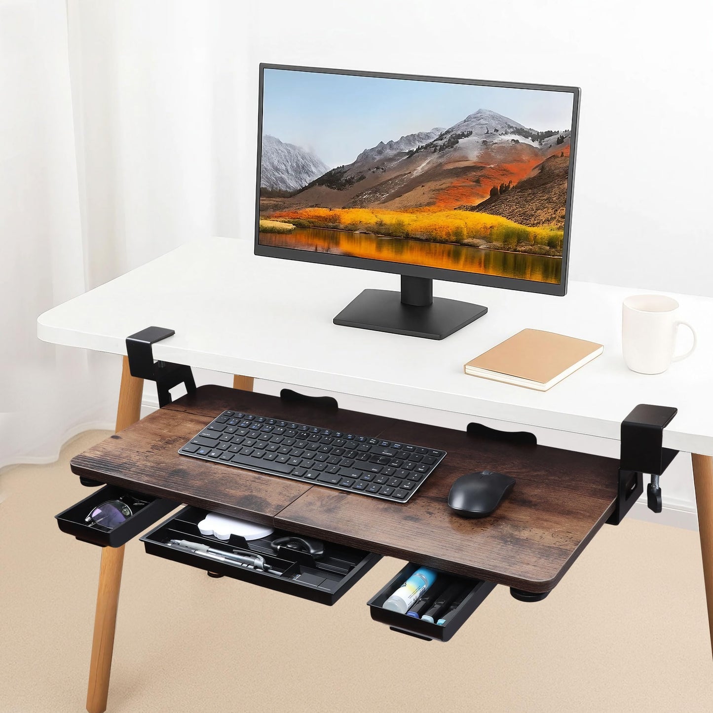 Large 26.77" Keyboard Tray Under Desk with Storage Drawer - Heavy Duty C-Clamp Mount, Ergonomic Computer Keyboard Stand for Home Office, Easy Install