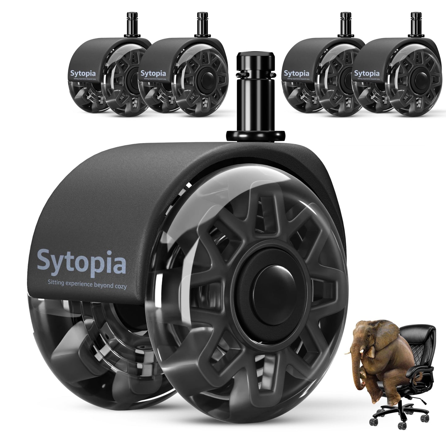 Sytopia Office Chair Castors 10 mm x 22 mm, Wheels for Office Chairs 10 mm, Rubber Office Chair Castors Set of 5 for Hard Floor, Parquet, Laminate