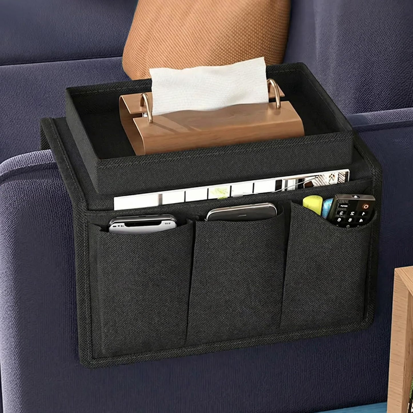 Sofa Armrest Organiser, Armchair Caddy with Tray, Couch Arm Tray Stylish And Durable Multifunctional Pocket Storage Bag
