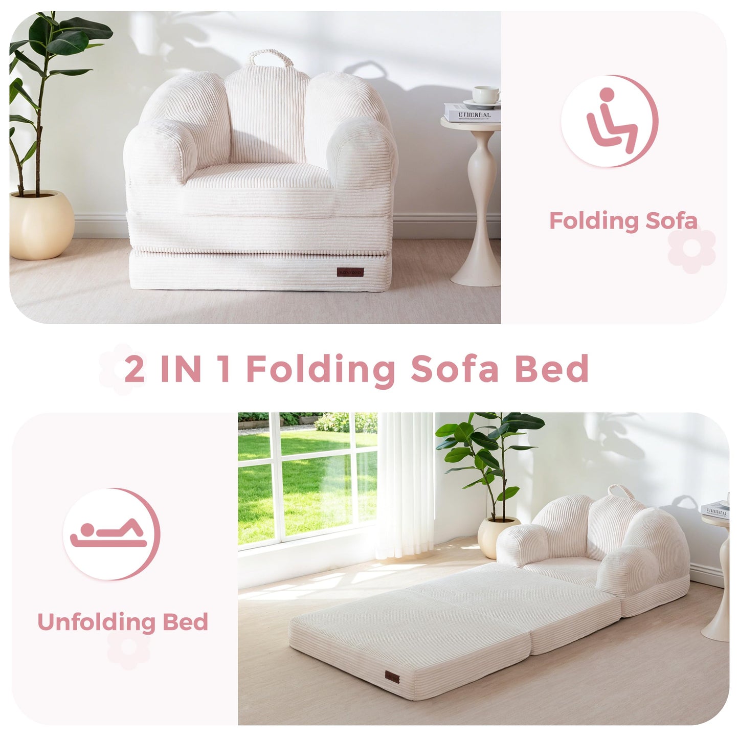 MAXYOYO Folding Sofa Bed with Backrest, Floral Shaped 2 in 1 Convertible Sofa to Comfy Faux Fur Bean Bag Chair for Adults
