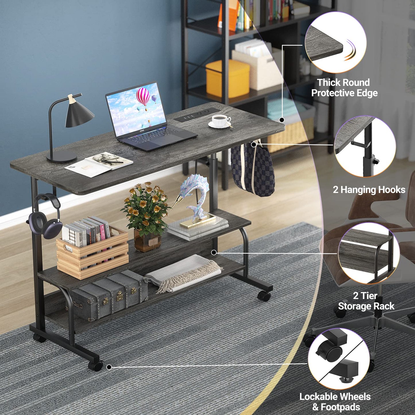 iSunirm Rolling Desk Adjustable Height Standing Desk with Power Outlets & USB Ports, Portable Desk on Wheels, Small Table for Home Office