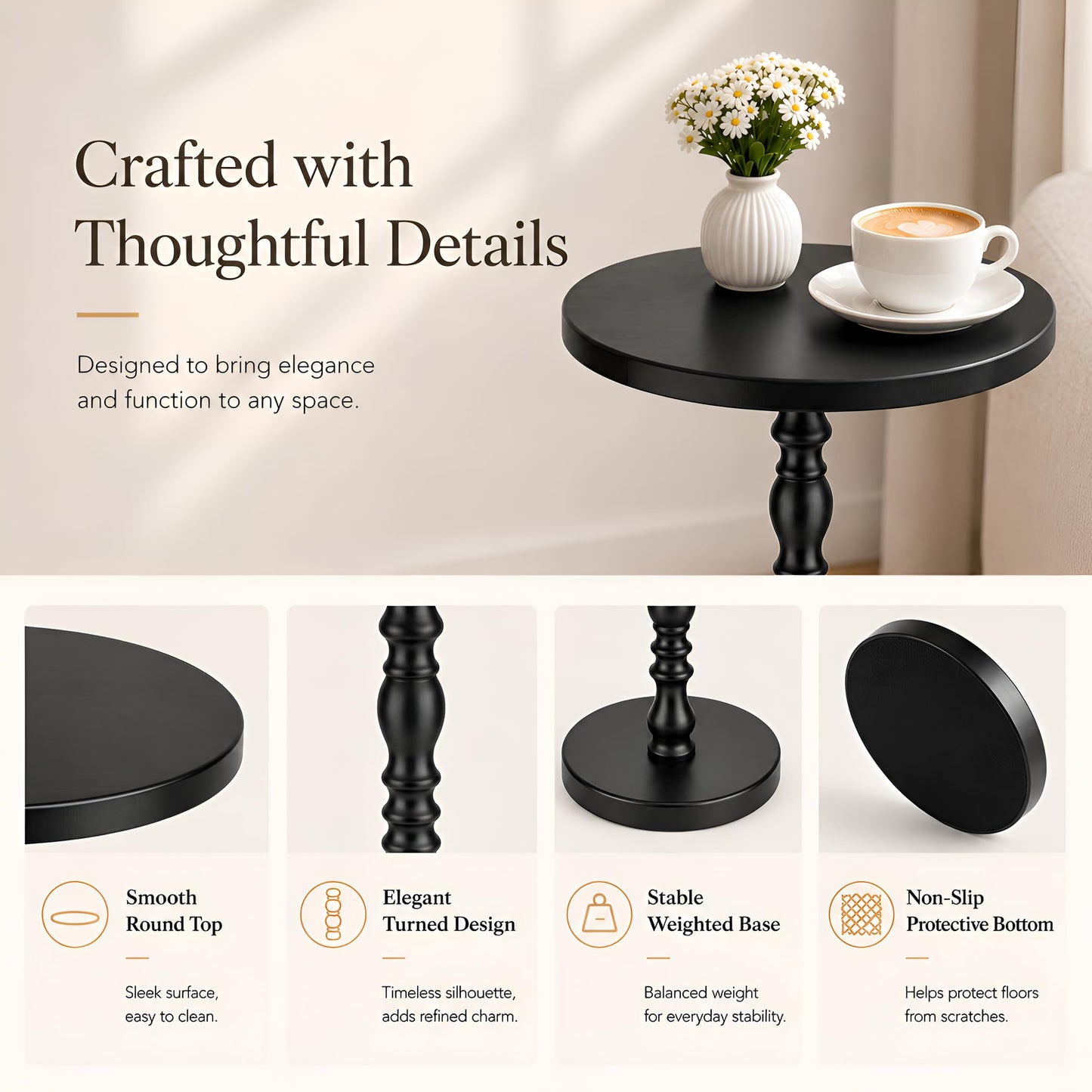 Junistra Round Drink Table, Small Pine Wood Sculpted Pedestal Side Table for Sofa, Living Room, Bedroom and Small Spaces, Black