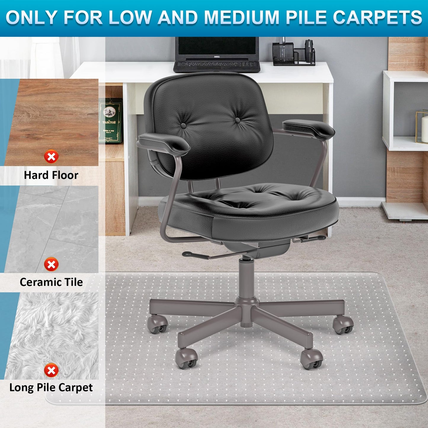 BesWin Office Chair Mat for Carpets, 75x120cm PVC Desk Chair Mat for Low Pile Carpeted Floors