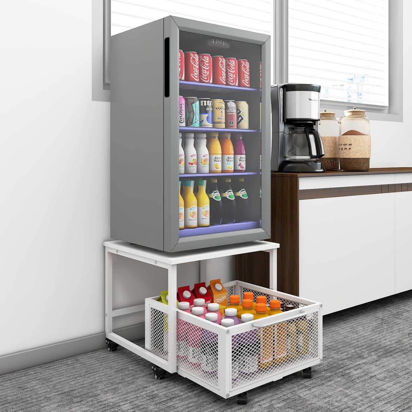 PUNCIA Fridge Stand with Storage and Wheels Rolling Mini Fridge Table