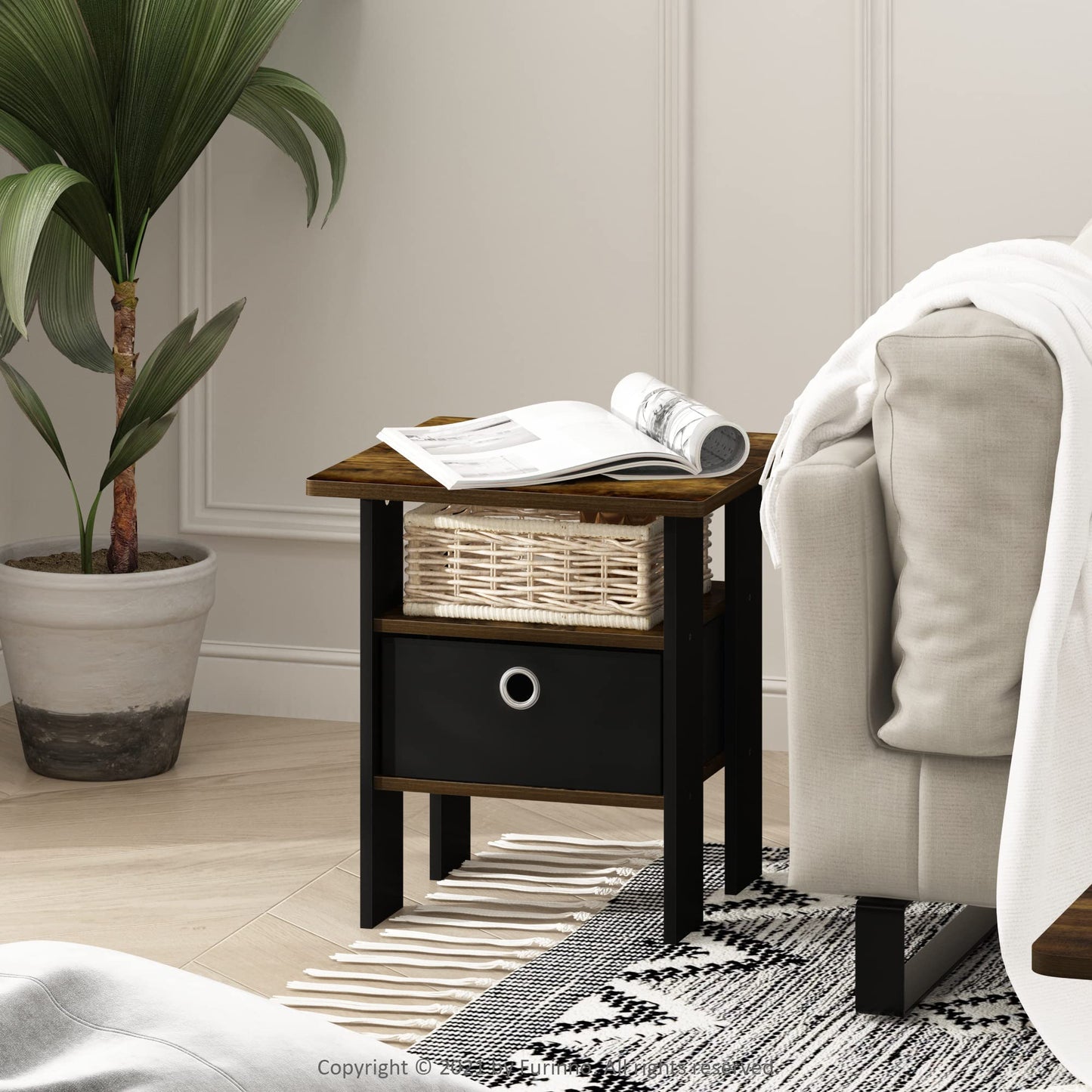 Furinno ANDREY Side Table, End Table, Night Stand with Open Shelves and Storage Bin, Bedside Table, for Living Room, Bedroom, Amber Pine