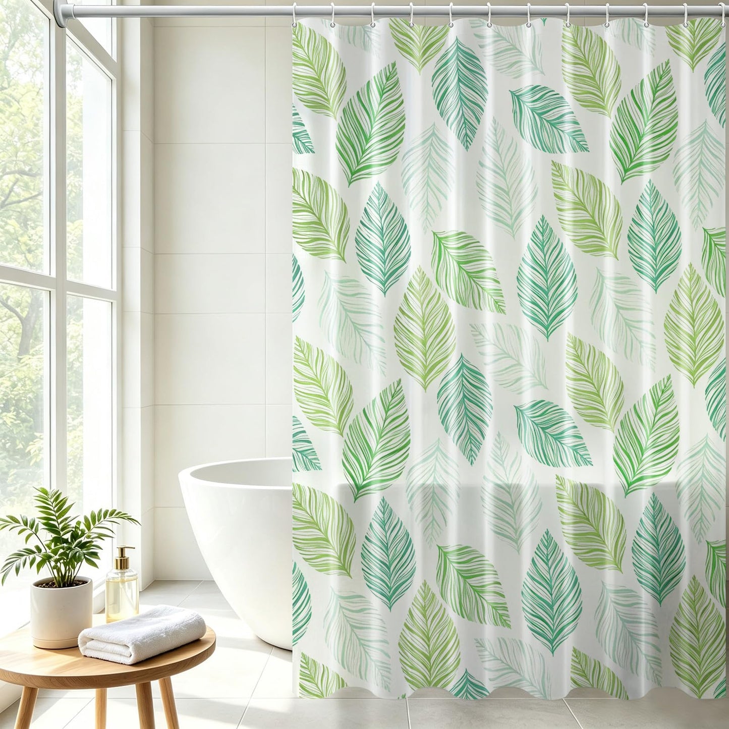 Vllcsla Shower Curtain 180x180 cm Green Leaves, PEVA Extra Long Wet Room Bathtub Curtain, Waterproof Longer Length Bathroom Curtains 180 to 240 cm