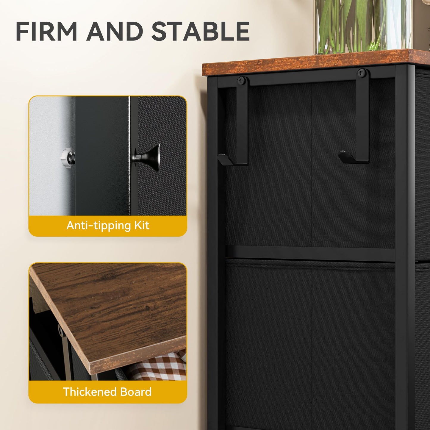 DWVO Narrow Chest of Drawers with 5 Drawers, Fabric Chest Drawers with Side Pocket&Hooks,Easy Pull Handle,Sturdy Steel Frame for Bedroom,Living