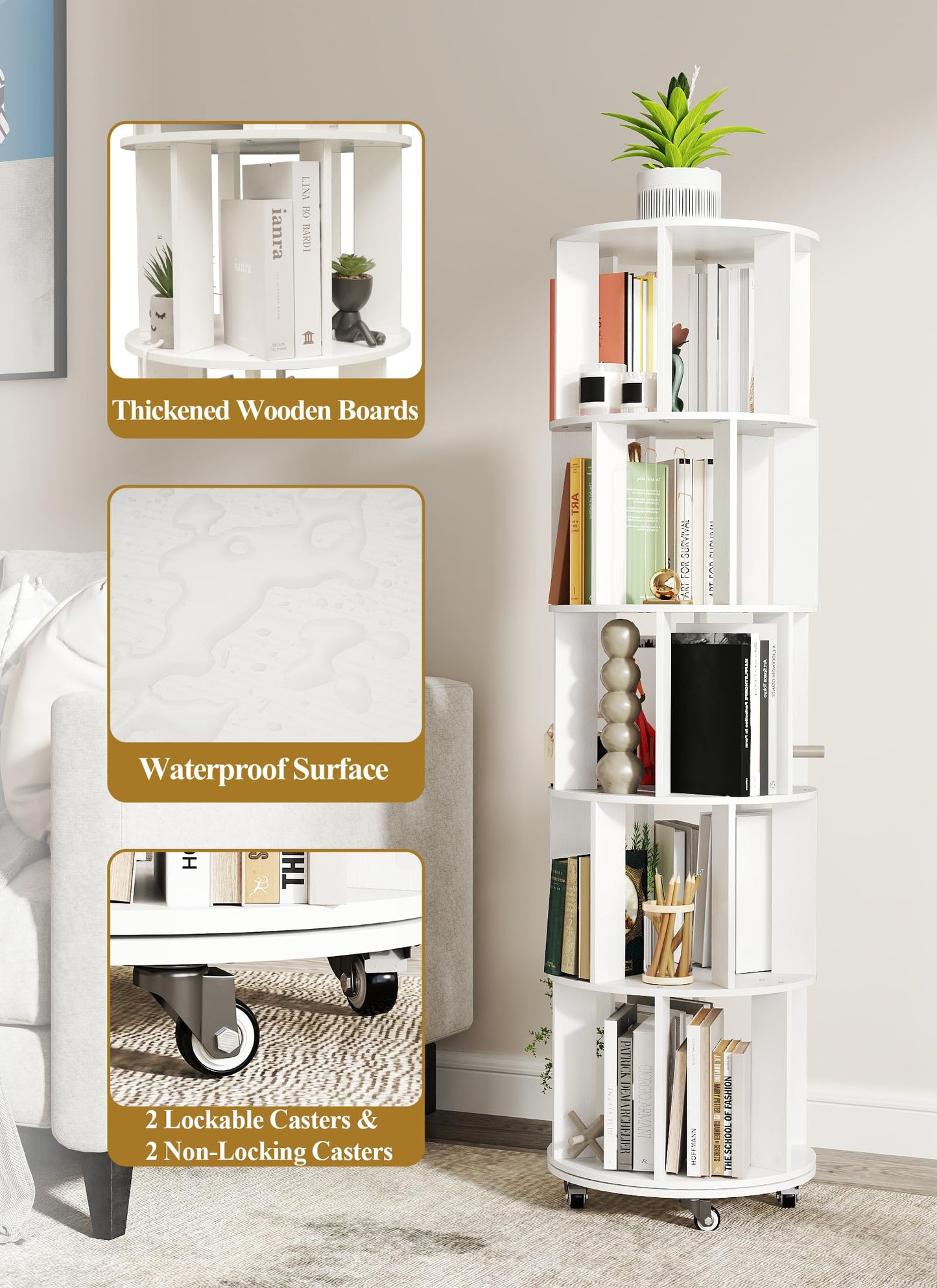 yeshine White Rotating Bookshelf Kids 5-Tier Spinning Bookcase