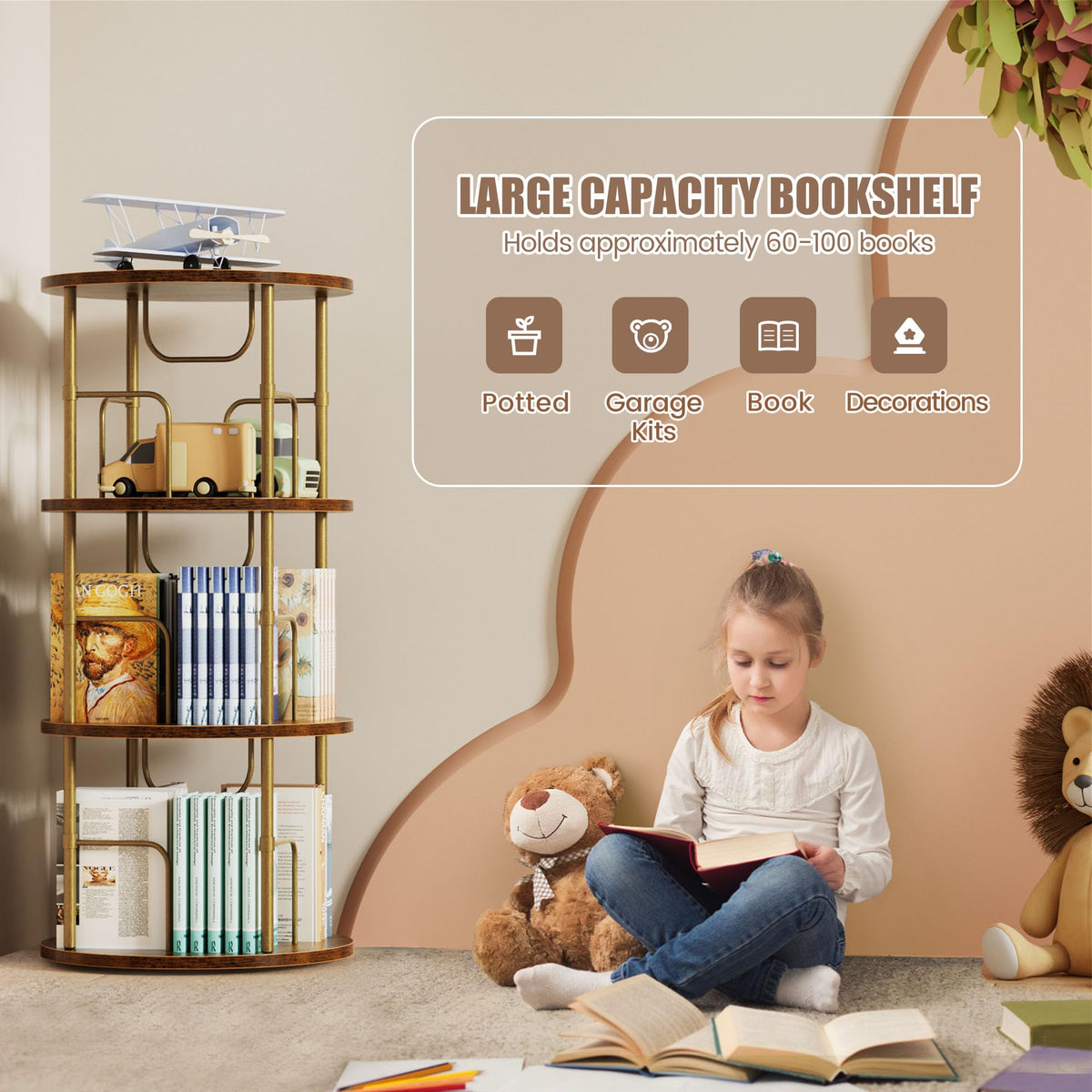 OCTORO 3 Tier Rotating Bookshelf, 360° Corner Bookshelf Tower, Round Revolving Bookcase with Adjustable Levels, Spinning Book Shelf for Home Office