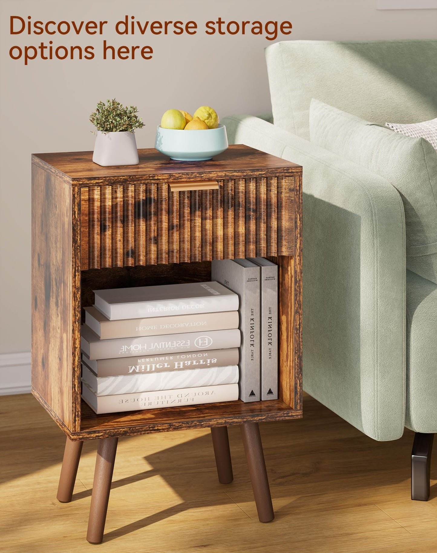 YMYNY Mid Century Modern Nightstand Set of 2, Side Table with Fluted Drawer, Open Shelf Unit, Golden Handle, Solid Wood Legs, Bedside Table