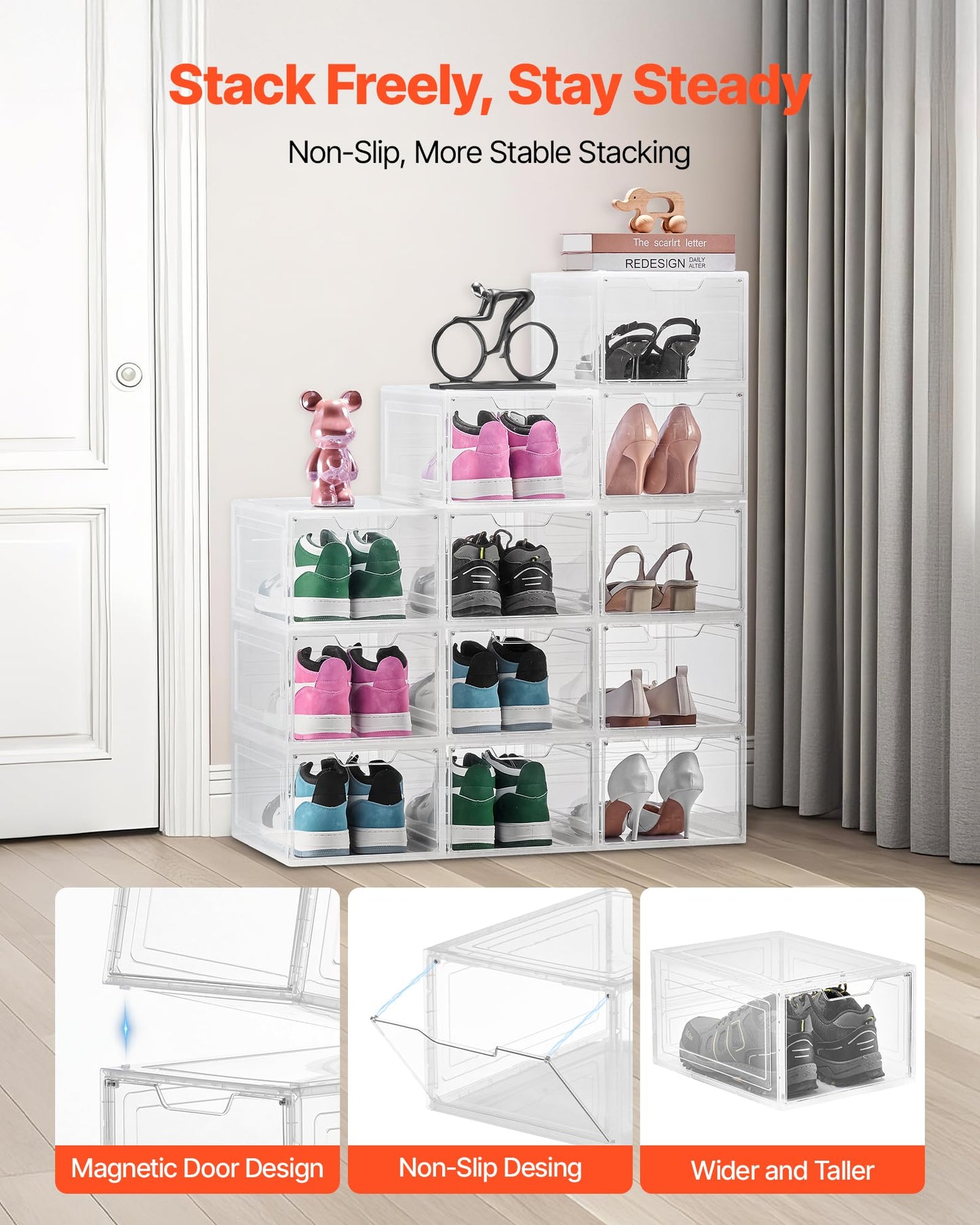 VEVOR Shoe Storage Boxes, 12 Pack Clear Stackable Shoe Boxes Storage Organizers with Magnetic Door, Fit up to US Size 13