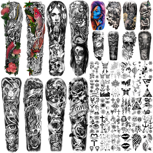 Metuu 46 Sheets Large Size Full Arm Temporary Tattoos For Men and women, Lion Dragon Clock Flower Skeleton Shoulder Forearm Temp Waterproof Tattoo