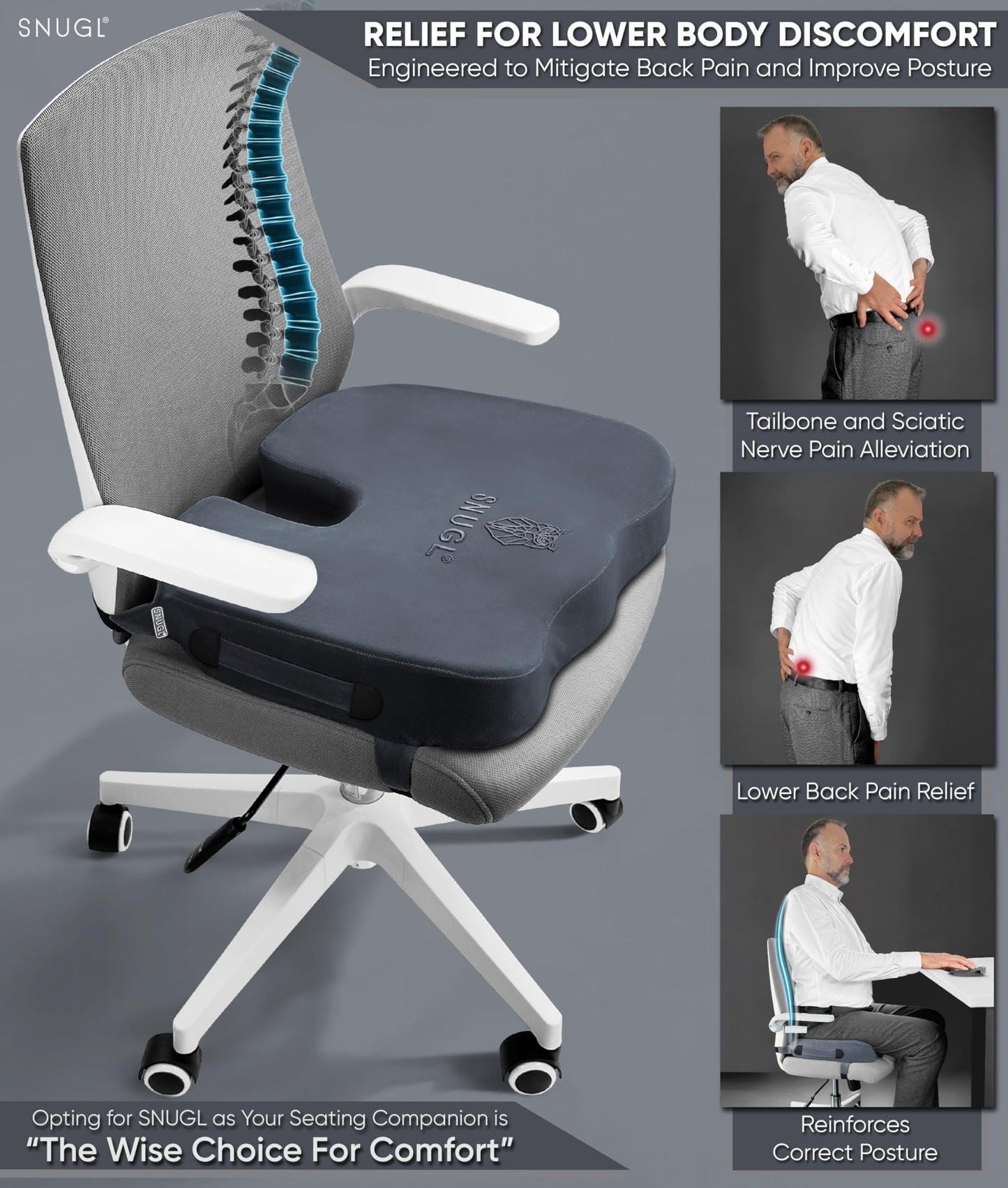 SNUGL Coccyx Seat Cushion – Orthopedic Memory Foam Pillow for Desk Chair, Gaming, Wheelchair, Car Seat, Postpartum & Pregnancy, Hemorrhoids Treatment