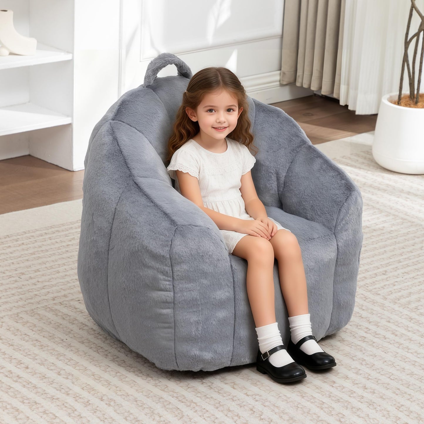 MINCETA Bean Bag Chair for Kids, Small Bean Bag Sofa Chairs with filler, Dark Gray Comfy Beanbag Chair with Handle for Living Room, Bedroom