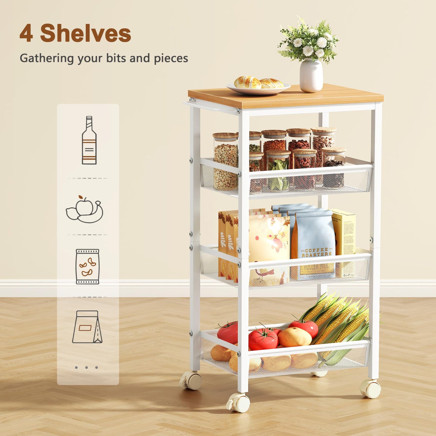 Hoctieon Rolling Storage Cart, 4-Tier Wide Panel Rolling Kitchen Storage Cart, Utility Cart with Handle & Wheels, Mobile Shelving Unit