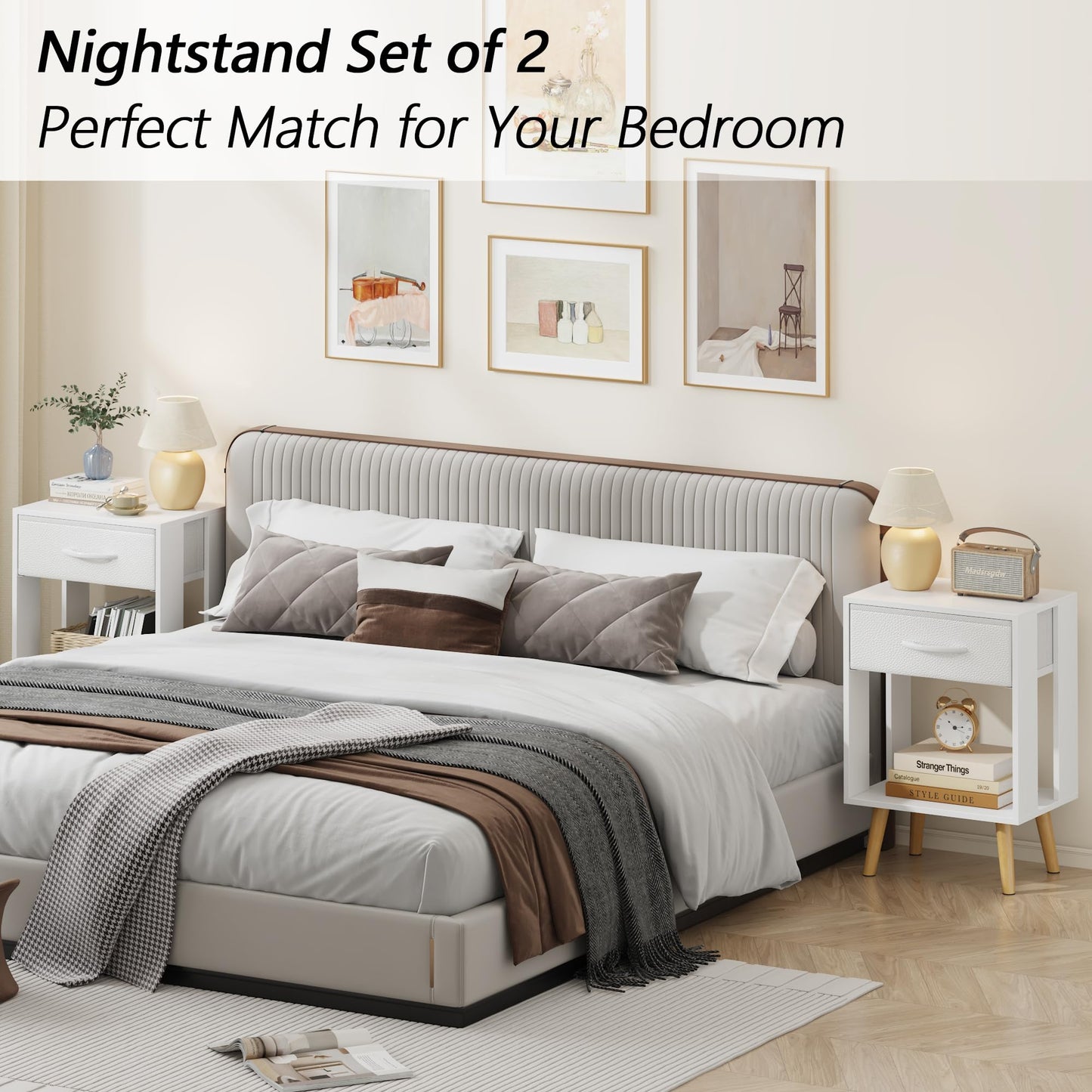 OYRREU White Bedside Table Set of 2 with Drawers & Open Shelf for Bedroom