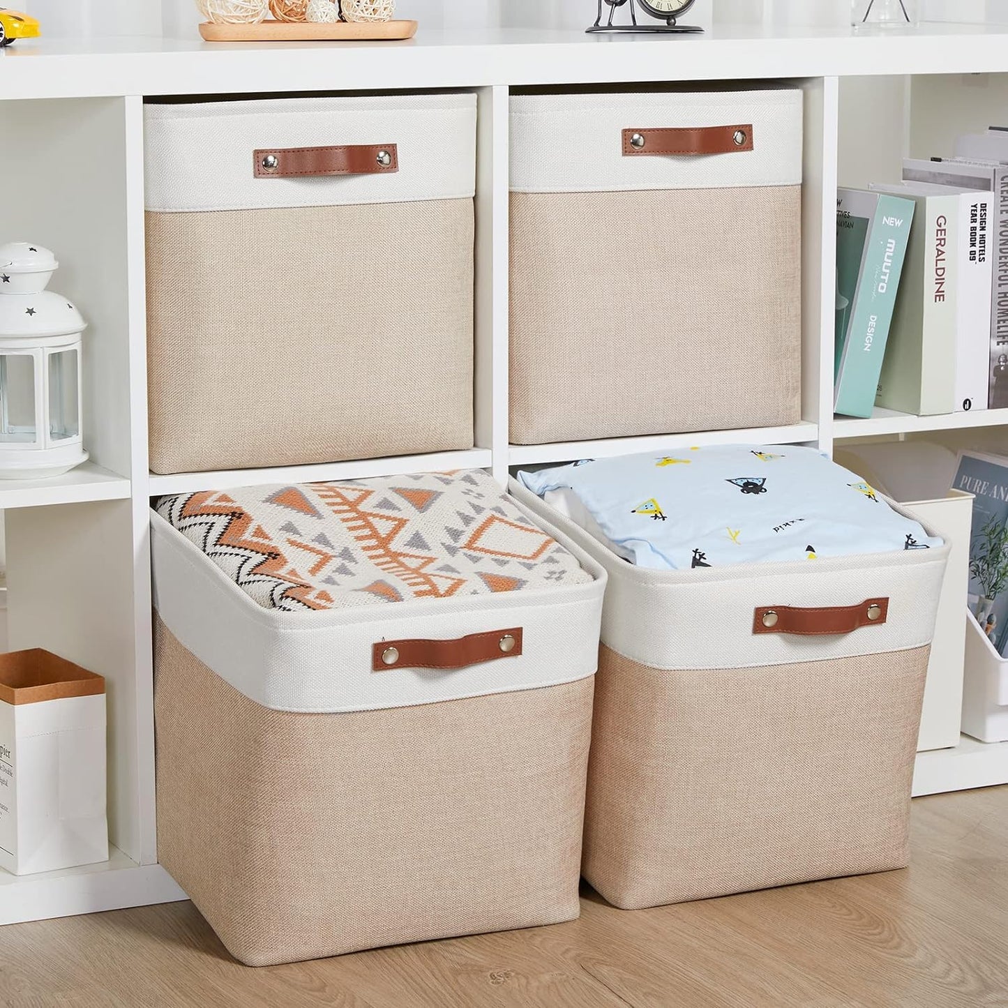 VIIHTYISA Fabric Storage Box, 4-Piece Set 30x30x30cm Cube Storage Boxes with Faux Leather Handle for Cube Shelves, Closet, Wardrobes | Khaki & White