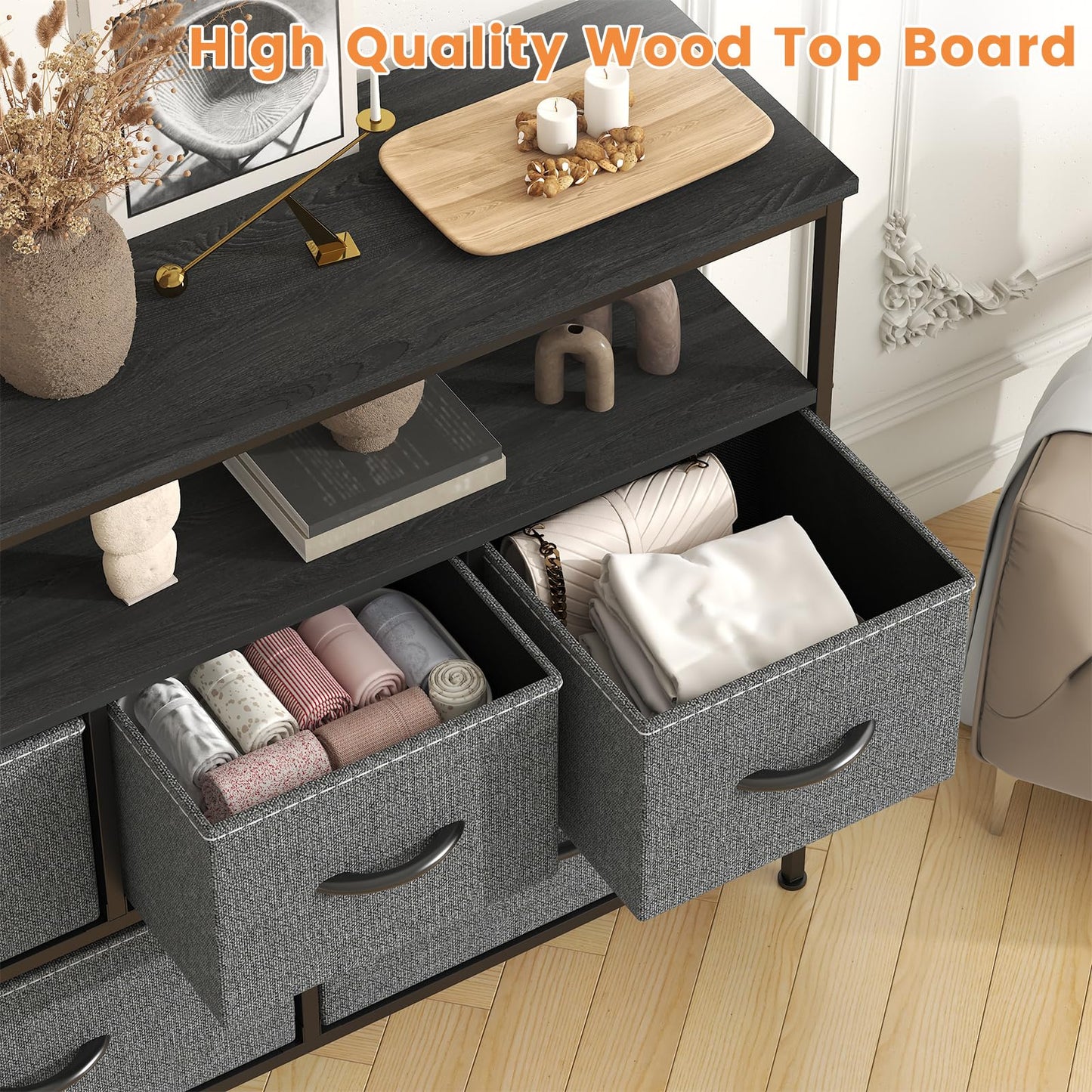 Feonase Chest of Drawers, 5 Drawers Dresser with TV Stand, Metal Frame and MDF Top Board, Adjustable Feet, Storage Unit Ideal for Bedroom