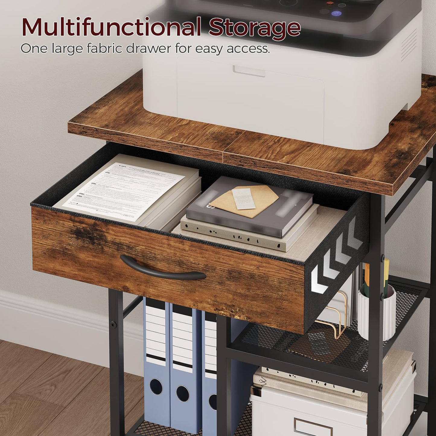 MAHANCRIS Printer Stand, Printer Table, Printer Cart with Fabric Drawer