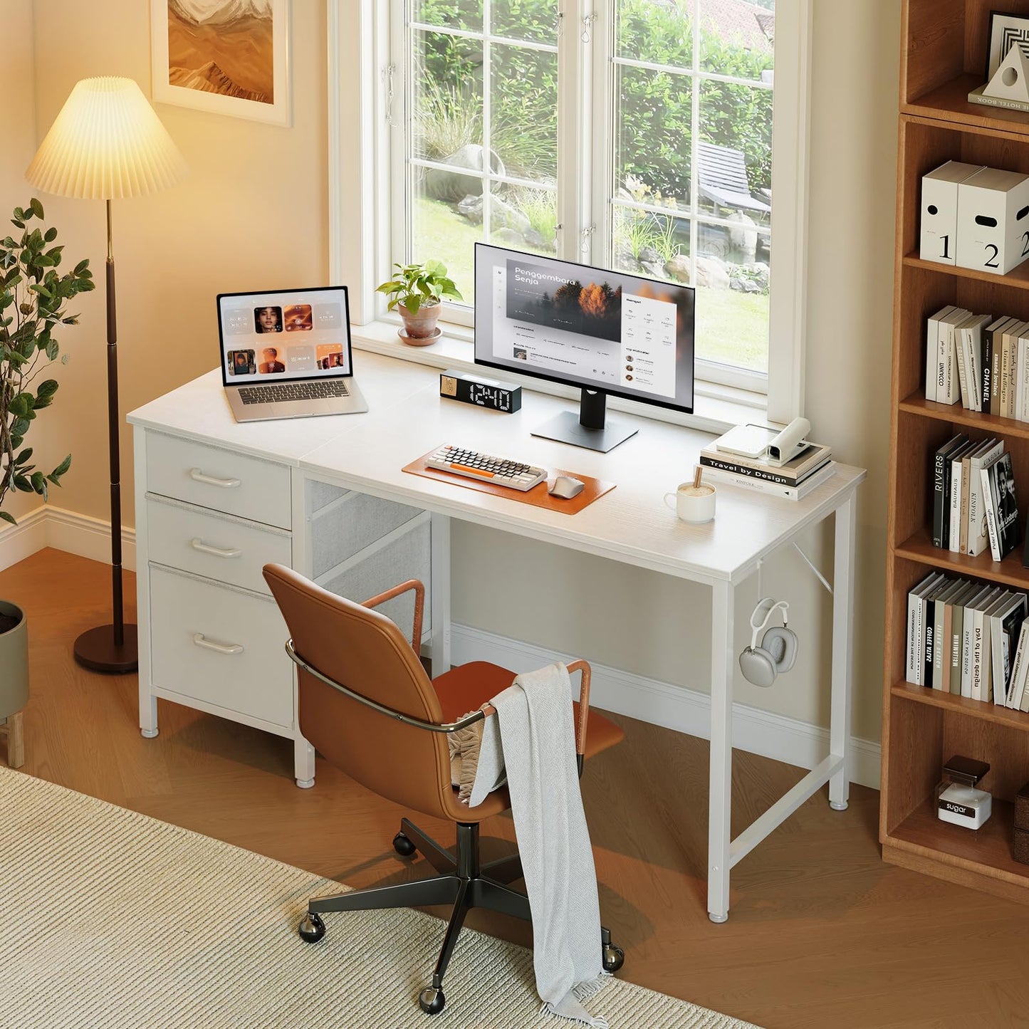 Coleshome Computer Desk with Drawers, 120cm Office Desk with Storage, White