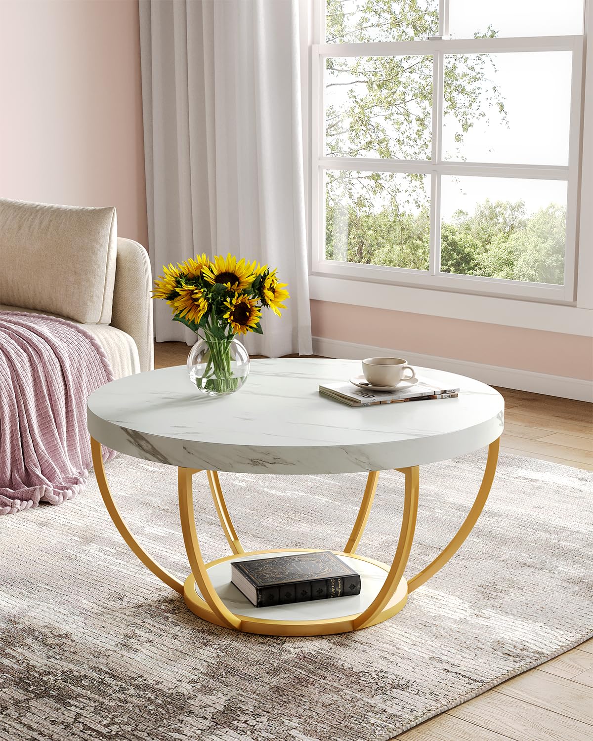 LITTLE TREE Round Coffee Table, 32" Circle Faux Marble Coffee Tables for Living Room