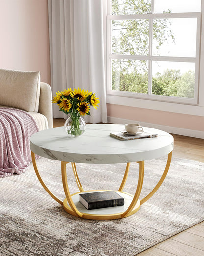 LITTLE TREE Round Coffee Table, 32" Circle Faux Marble Coffee Tables for Living Room