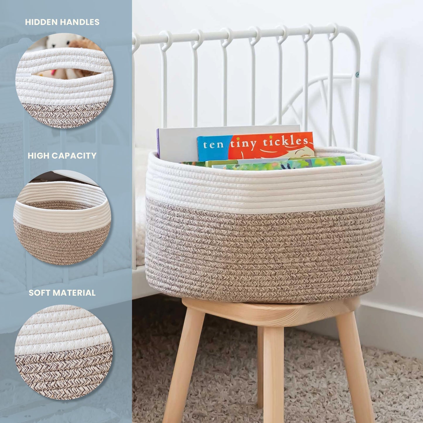 OrganiHaus Set of 3 Bathroom Storage Baskets for Shelves, Cotton Rope Basket for Towels, Toys, Baby Items, White & Brown Blanket Organizer