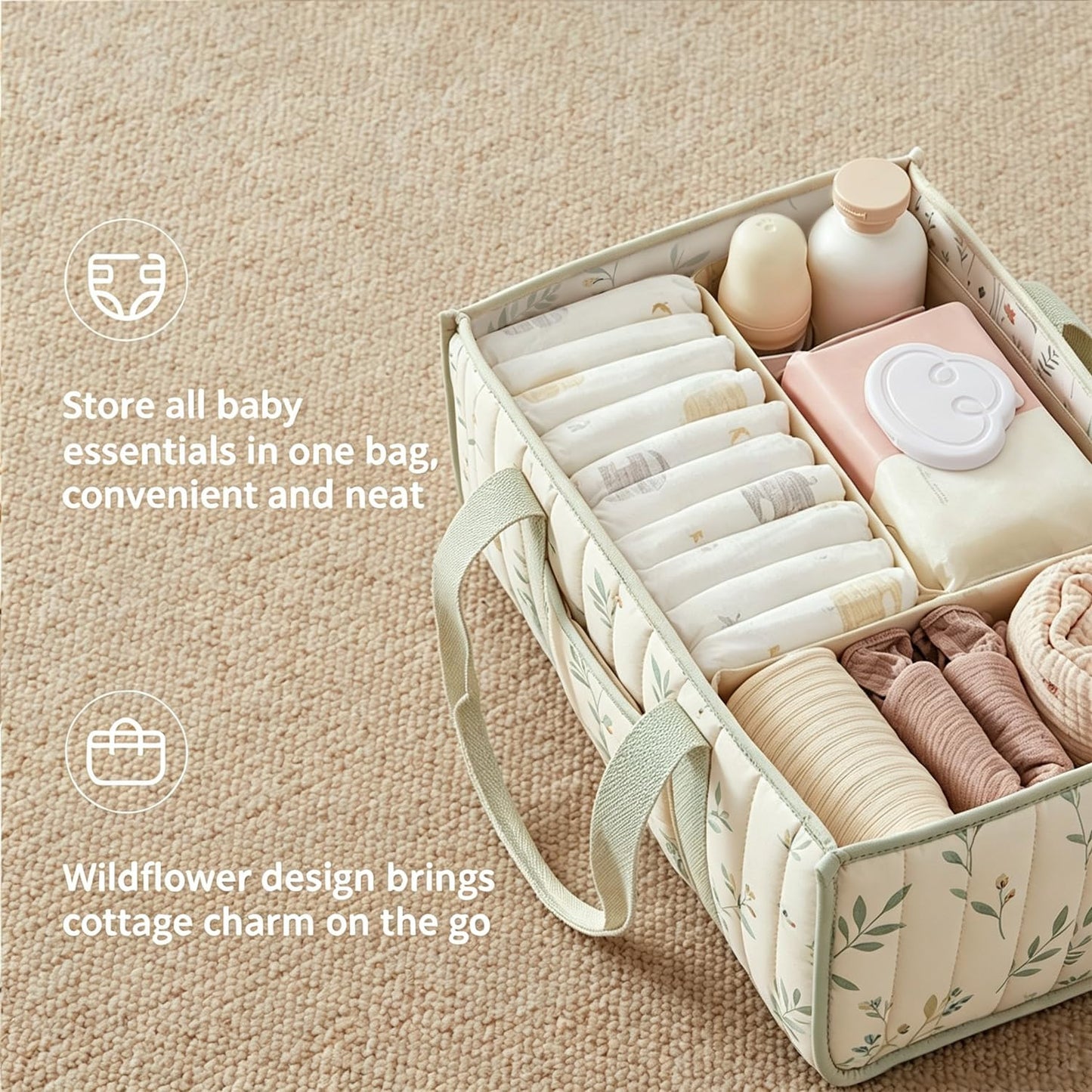Nappy Caddy Organiser, Newborn Essentials Diaper Caddy for Nappy Station with Detachable Compartments, Sturdy & Portable Stylish Storage Basket