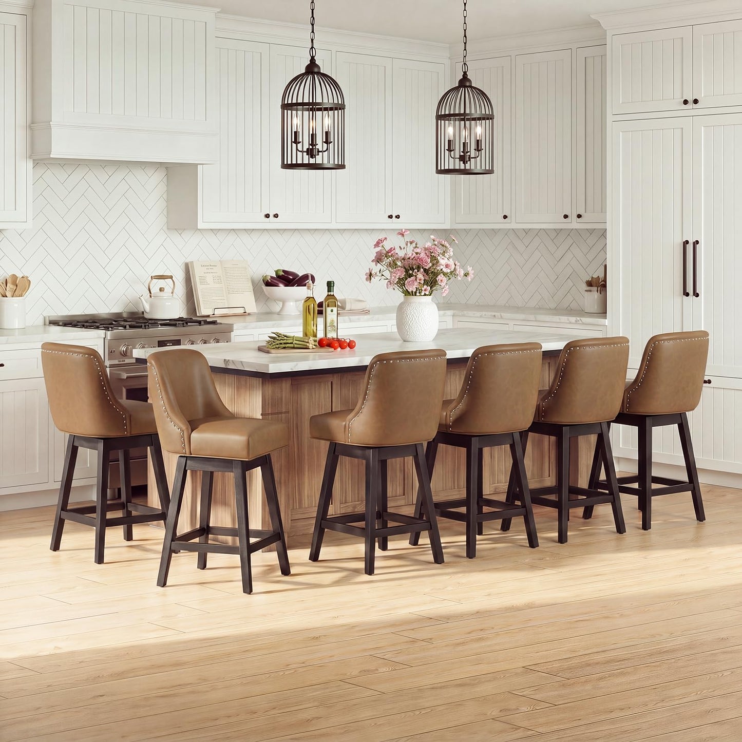 Bar Stools Set of 6, 360° Swivel Upholstered Counter Stools with Back, Wooden Frame Kitchen Bar Chairs with Nailhead Trim