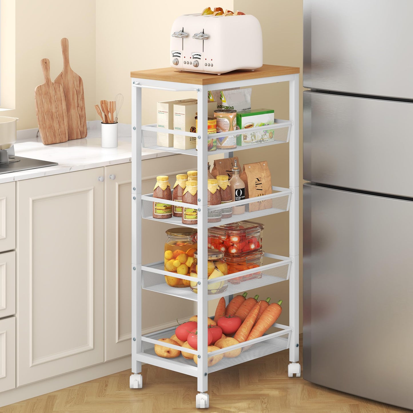 Hoctieon Slim Rolling Storage Cart, 5-Tier Narrow Kitchen Storage Cart with Handle & Wheels, Mobile Shelving Unit, Wooden Top & Metal Frame