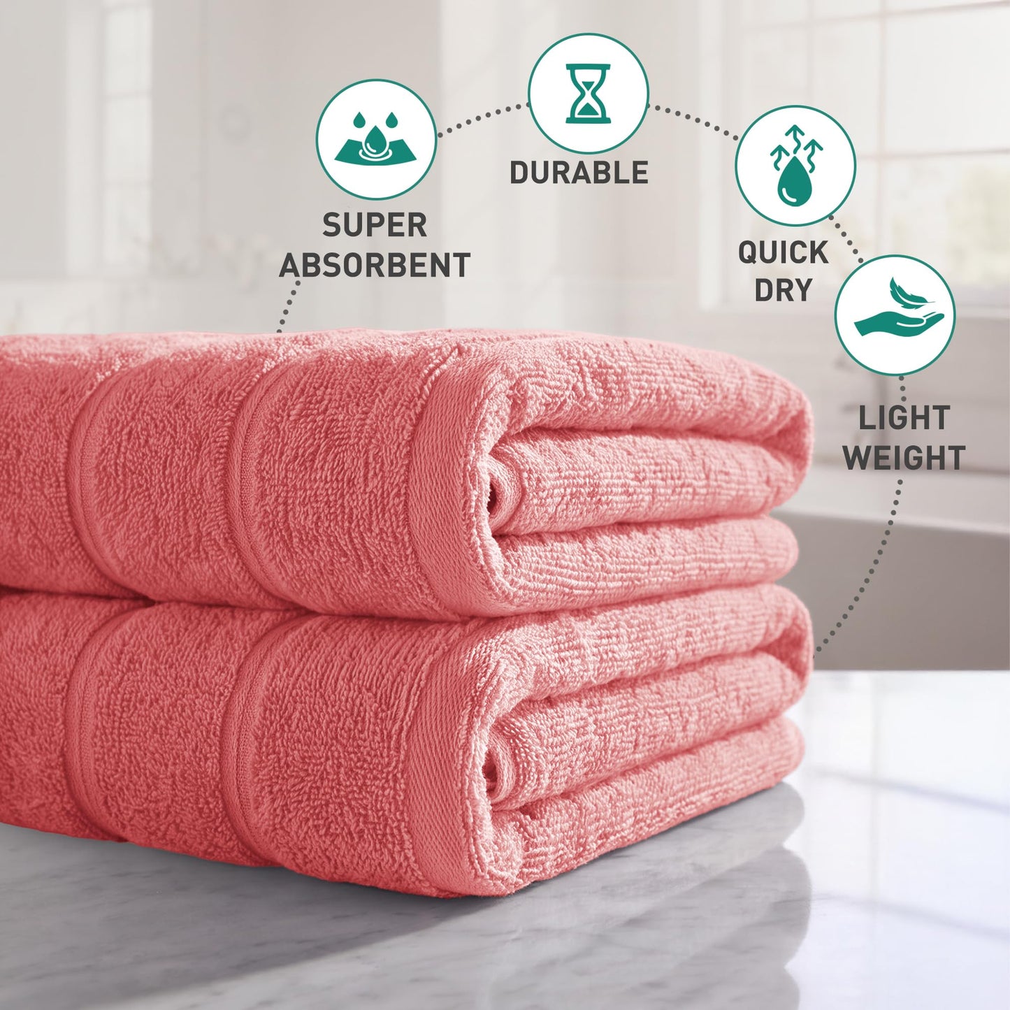 2 Pack Bathroom Towel I 100% Cotton I Highly Absorbent Towels I Coral