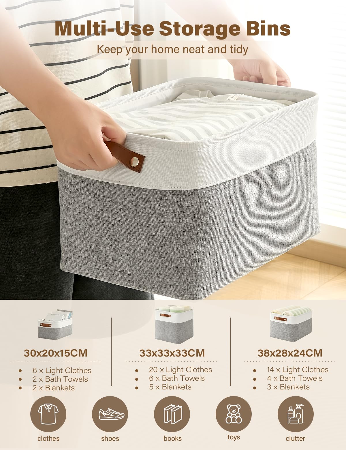 Bagnizer 4PCS Foldable Storage Baskets for Shelves Closet Fabric Cube 33CM Organizer Box Bins with Handles Waterproof Canvas Box for Clothes