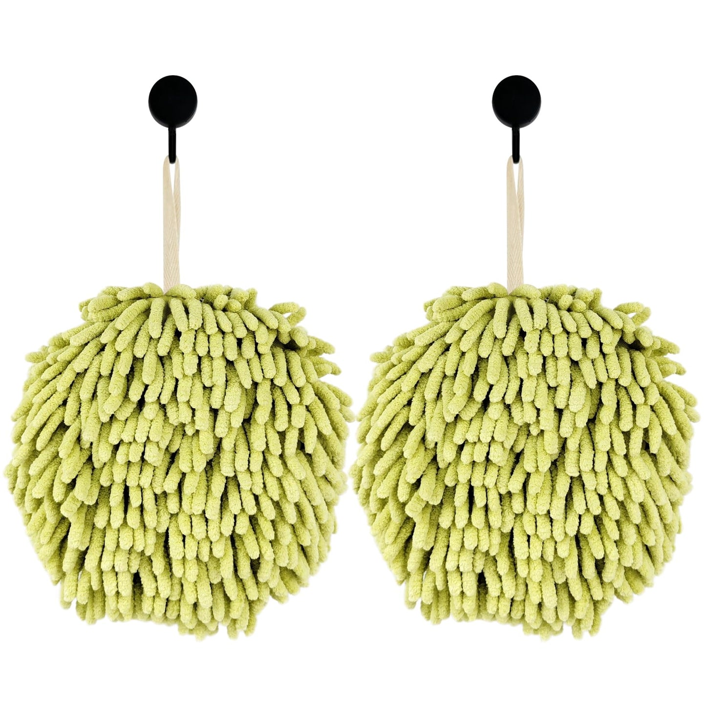 Fuzzy Ball Hand Towels, Set of 2, Chenille Quick Dry, 6.9inch(green)