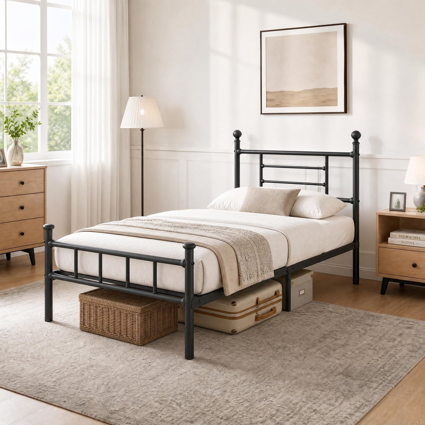 APEXTELLA HOME 3ft Single Bed Frame Black Modern Style with Headboard and Footboard Metal Slat Support and 32cm Underbed Storage Space Noise Free