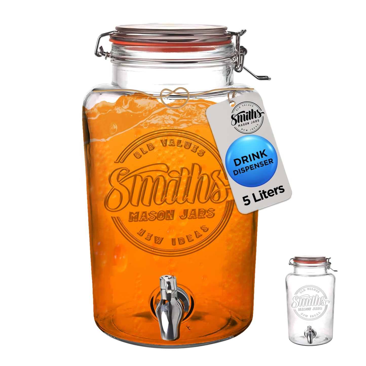 Smith's Mason Jars 5 Liter Glass Drinks Dispenser with Stainless Tap Spigot | Punch Dispenser | Drink Pitcher with Spout | Ideal for Outdoor Picnic