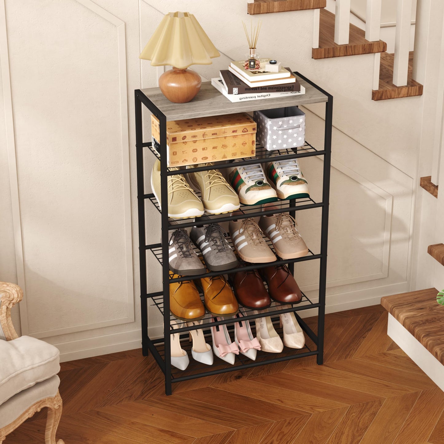 HOME BI 6-Tier Industrial Shoe Rack, Metal Shoe Storage Organizer Shelves with Stable Metal Frame, Shoe Organizer for Closet, Hallway, Entryway