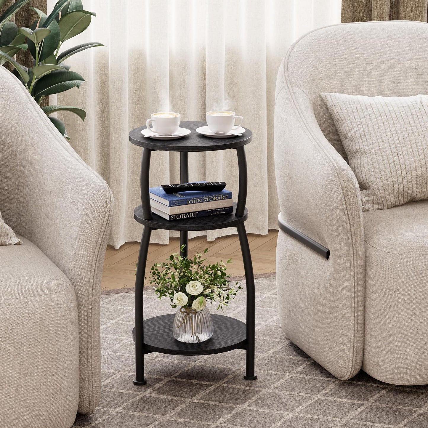 Yuede Round Side Table, 3 Tier Slim Round Coffee Table, Small End Table with Storage Shelf, Bedside Table, for Living Room, Bedroom, Small Space