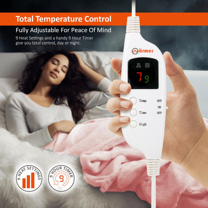 Warmer Electric Heated Throw Blanket - Digital Controller - 9 Hour Timer, 9 Heat Settings, Auto Shutoff, Detachable Controller - Machine Washable -