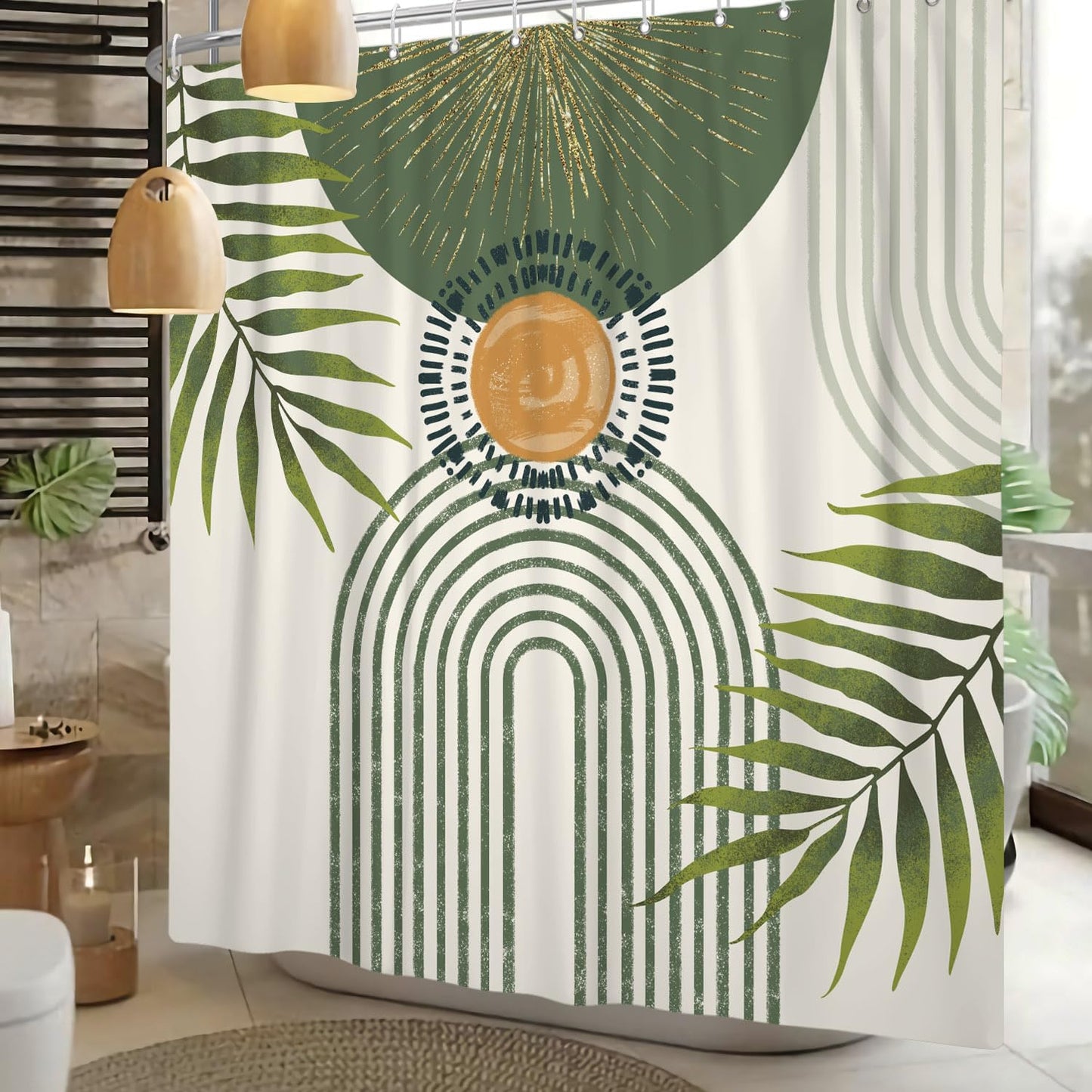 ASDCXZ Boho Shower Curtain 180 x 180 cm, Modern Abstract Green Palm Leaves Sun Bow Beige Washable Shower Curtains Polyester Textile Waterproof