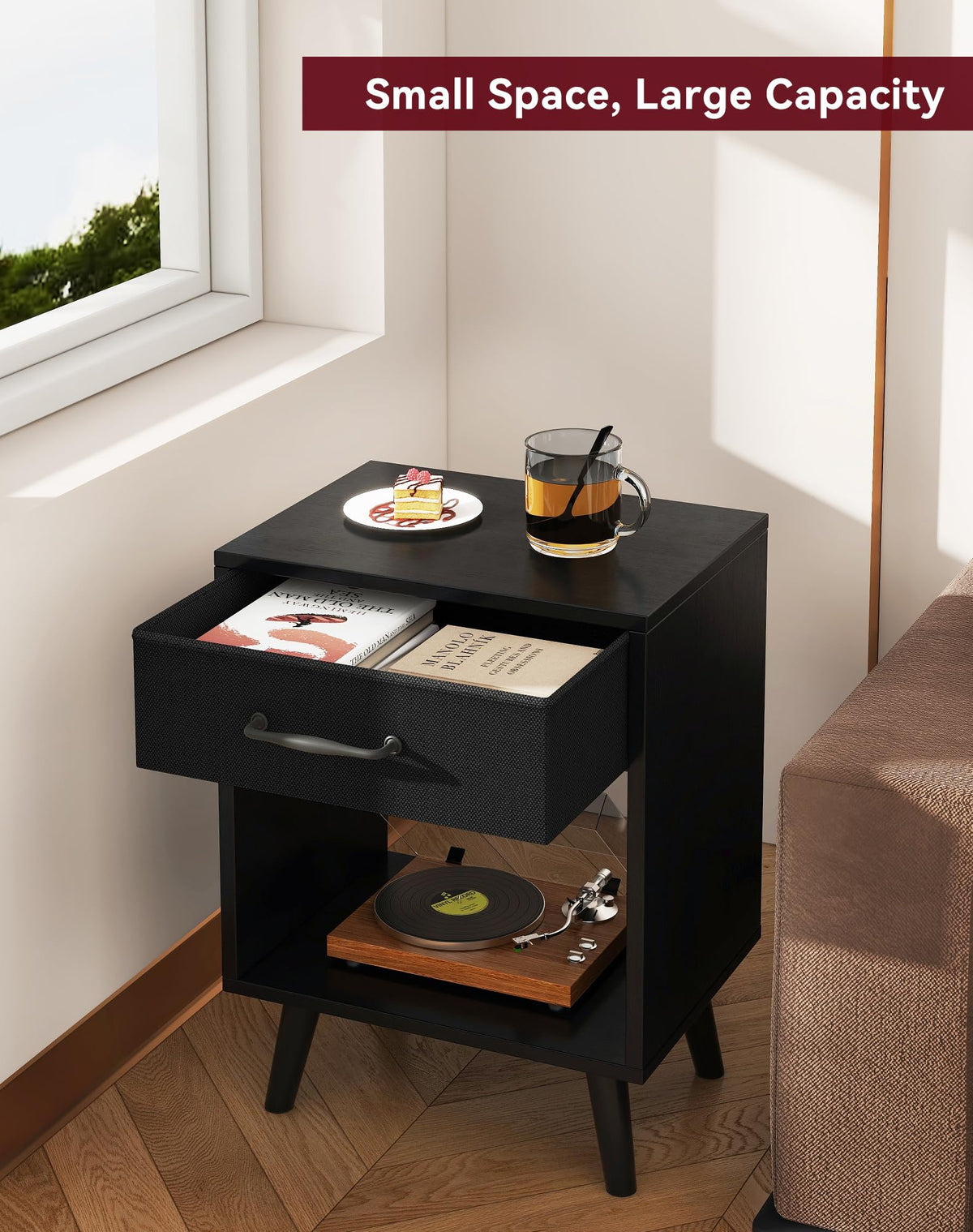 YMYNY Nightstand Set of 2, Bedside Table, Side Table with Fabric Drawer, Handle and Open Compartment, Solid Wood Legs