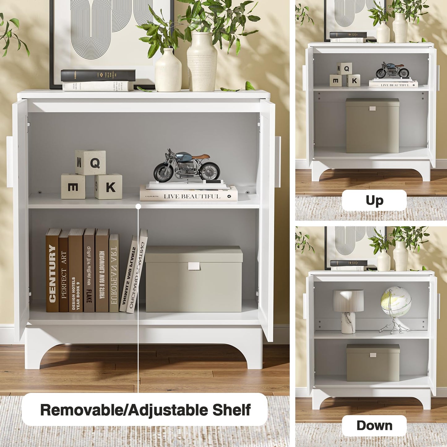 Yvsevnr White Sideboard Wooden Buffet Storage Cabinet for Living Room, Rattan Kitchen Cupboard with Adjustable Shelf, Magnetic Closure
