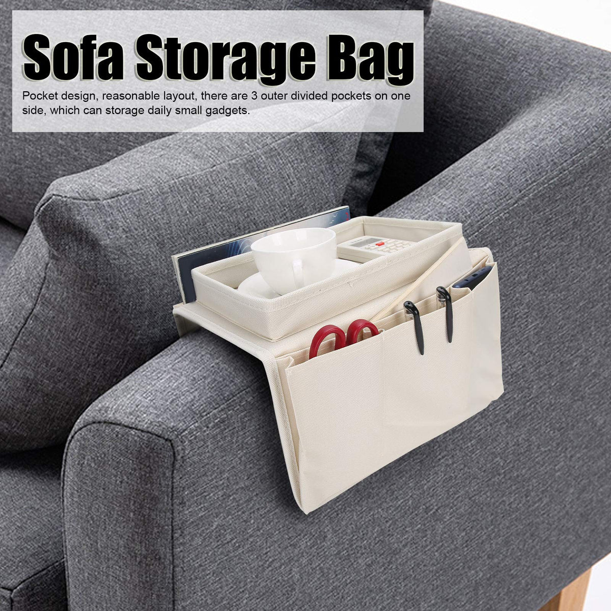 Fdit Armrest Organizer Remote Control Holder with 4 Pockets Couch Sofa Chair Armchair Caddy with Cup Holder TrayBeige
