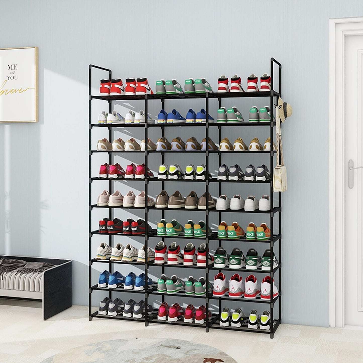 Lxvckly Shoe Rack, 9 Tiers Shoe Storage Organizer, Metal Tall Shoe Shelf Holds 54-60 Pairs, Vertical Shoe & Boot Organizer for Narrow Spaces