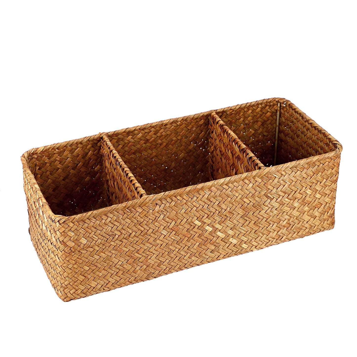 IGNPION 3-compartment Seagrass Storage Basket Woven Desktop Basket Rectangular Organiser Box Shelves & Desks Decorative Baskets for Sundries